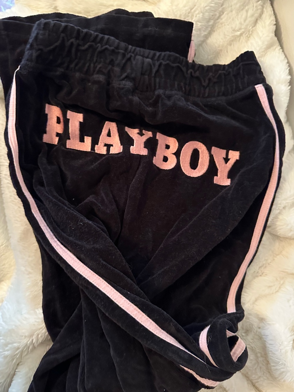 Rare Vintage PLAYBOY Black Velour Track Pants with Pink Trim - Picture 4 of 4